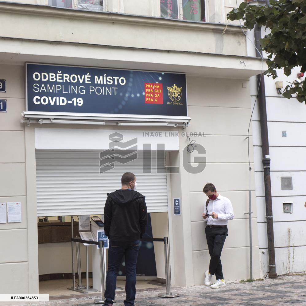 sampling point for testing on SARS-CoV-2 on the Wenceslas Square in Prague