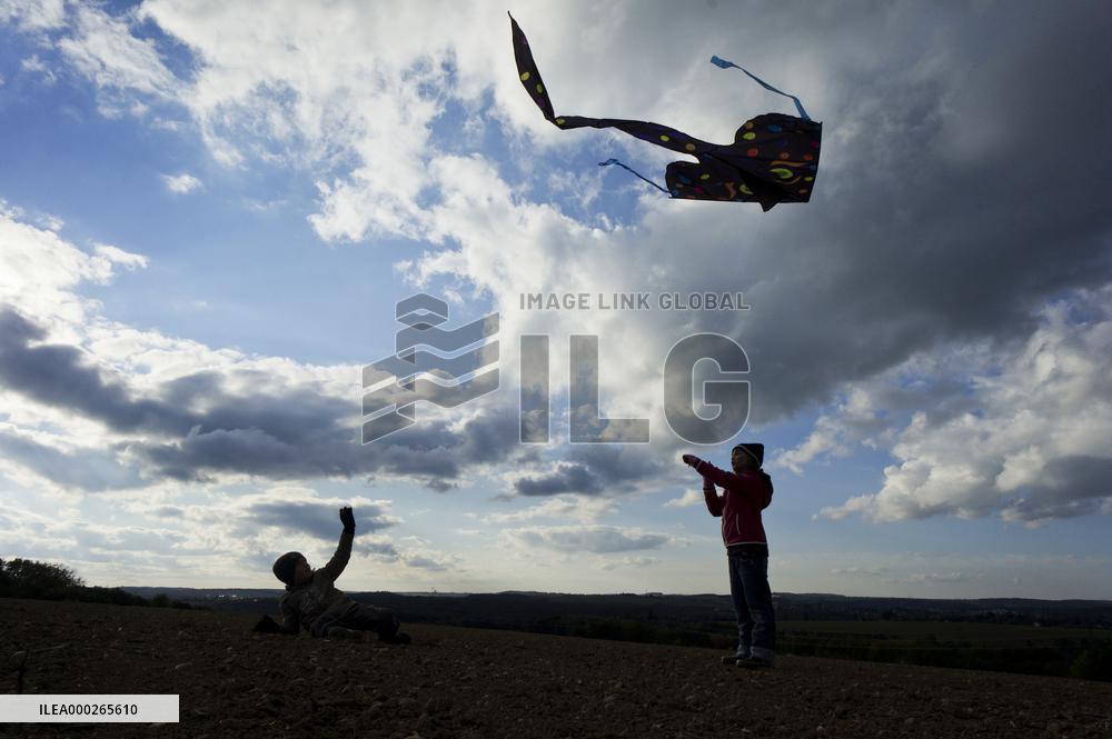 children, child, kids, kid, kite, fly, autumn, play, game, silhouette, field, sky