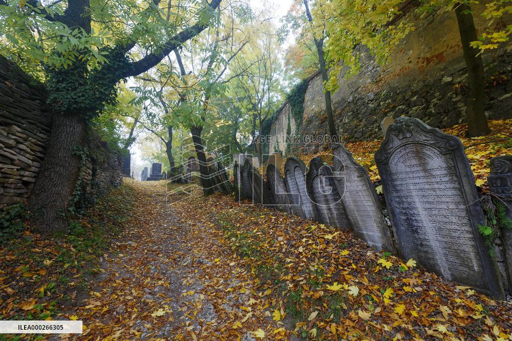 Mikulov, Jewish cemetery, tourists, autumn