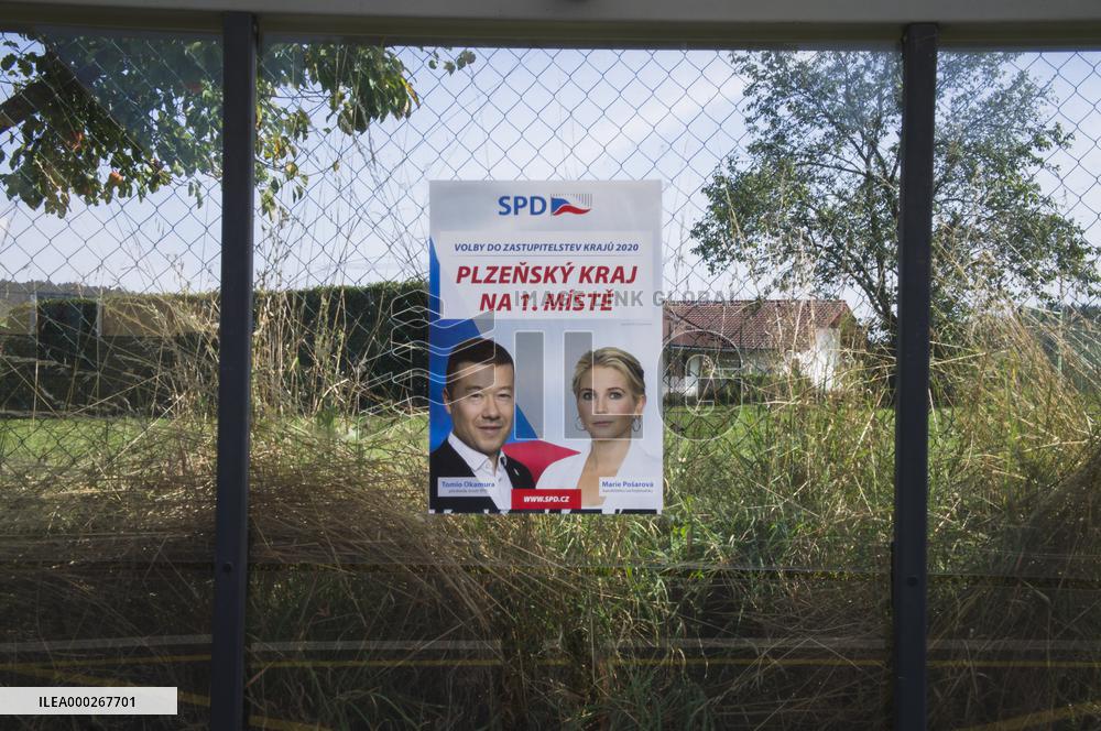 Tomio Okamura, Marie Posarova, poster, SPD, writing PILSEN REGION FIRST