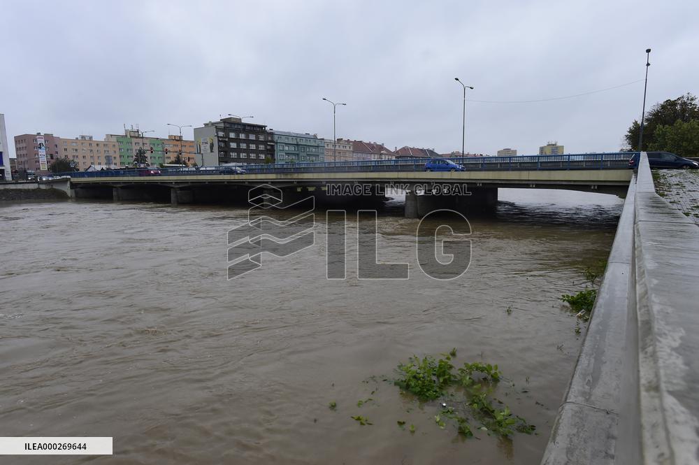 Heavy raingalls, flood, River Becva, Prerov