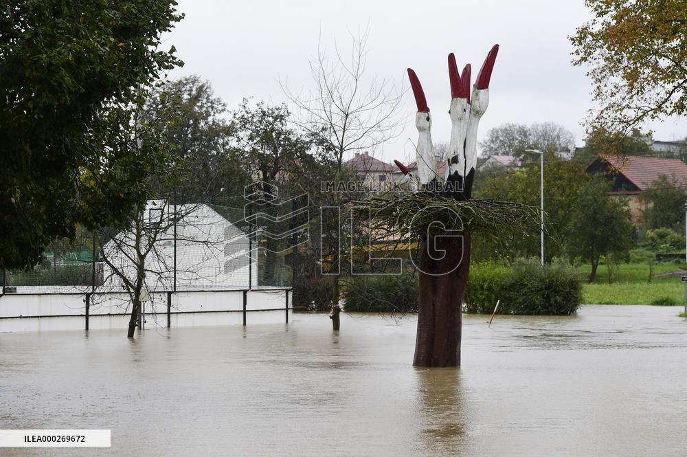 Heavy rainfalls, flood, River Becva, village Usti