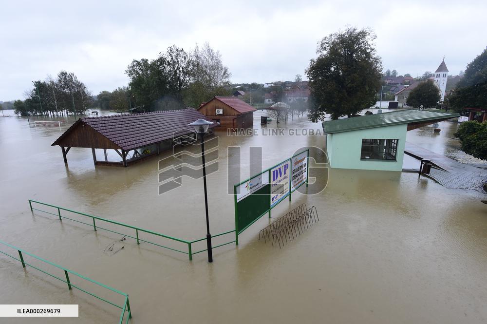 Heavy rainfalls, flood, River Becva, village Usti