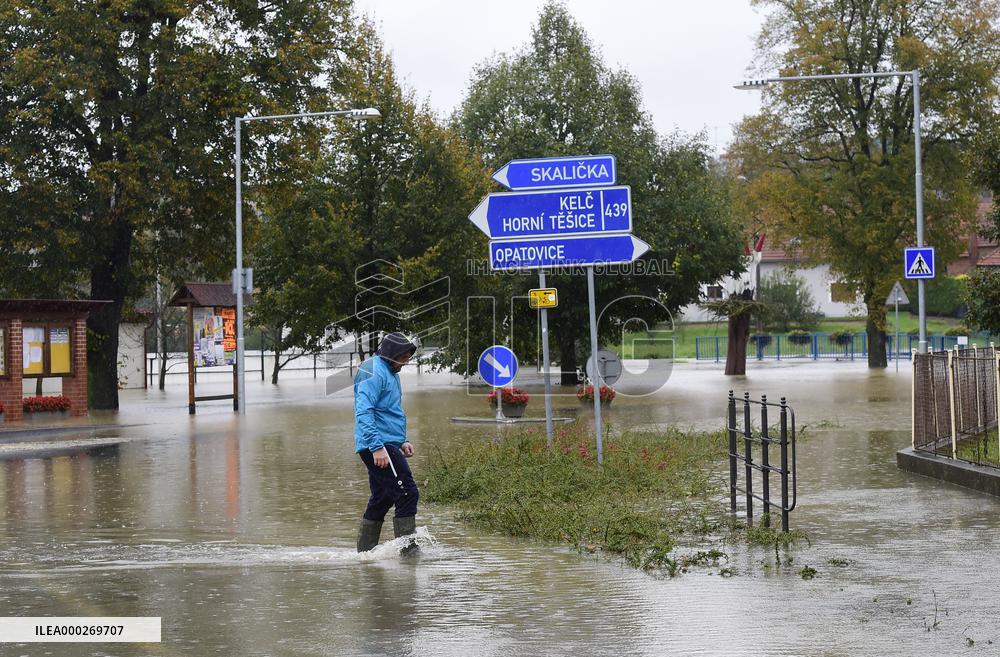 Heavy rainfalls, flood, River Becva, village Usti