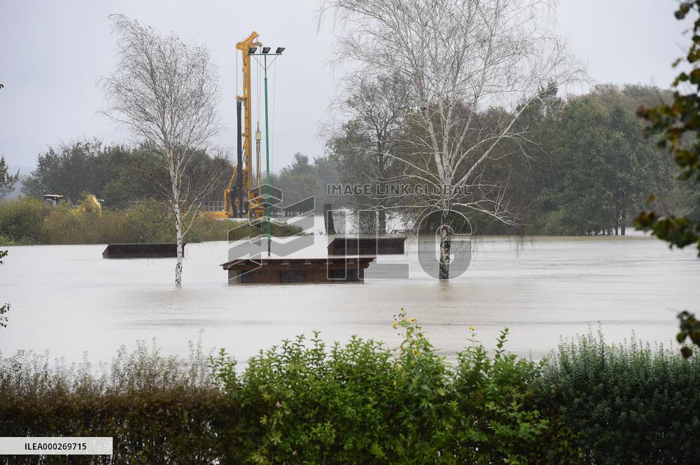 Heavy rainfalls, flood, River Becva, village Usti