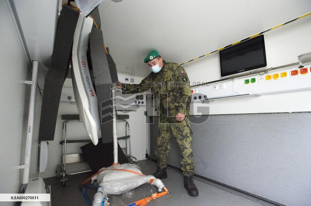 loading of equipment for field hospital, operation room, soldier