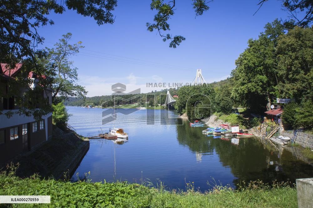 The Garnet Bay of Vranov Dam, suspension footbridge over the Swiss Bay