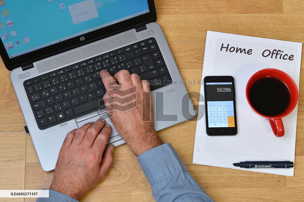 Home Office Business Desk, Table, computer, hands, notebook, headphone, pencil, smartphone, coffee