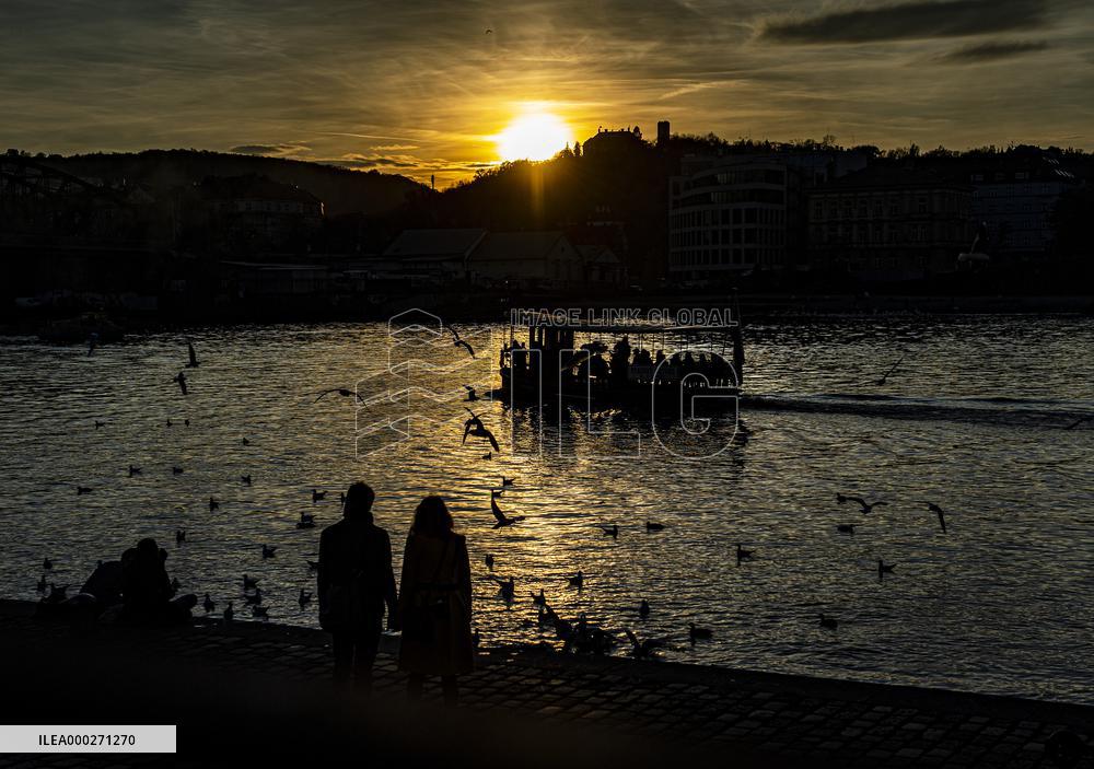 People, city center, Prague, Vltava River, Boat, sun set