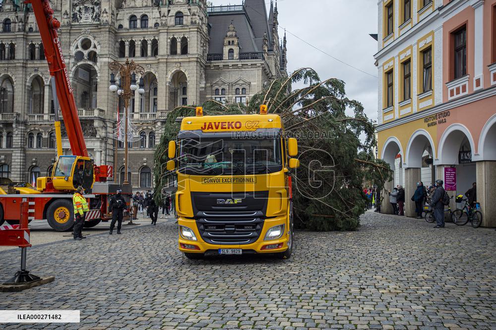 Christmas tree , transport, truck, Liberec, square of Dr. Edvard Benes