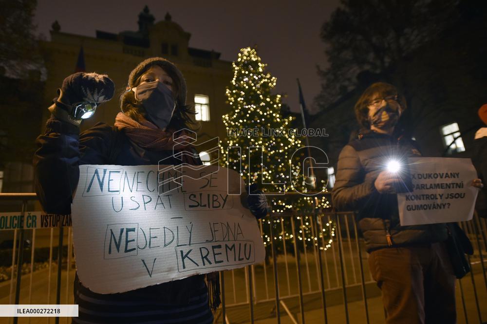 protest, against Russia and China possibly taking part in tender for Dukovany new nuclear power plant completion