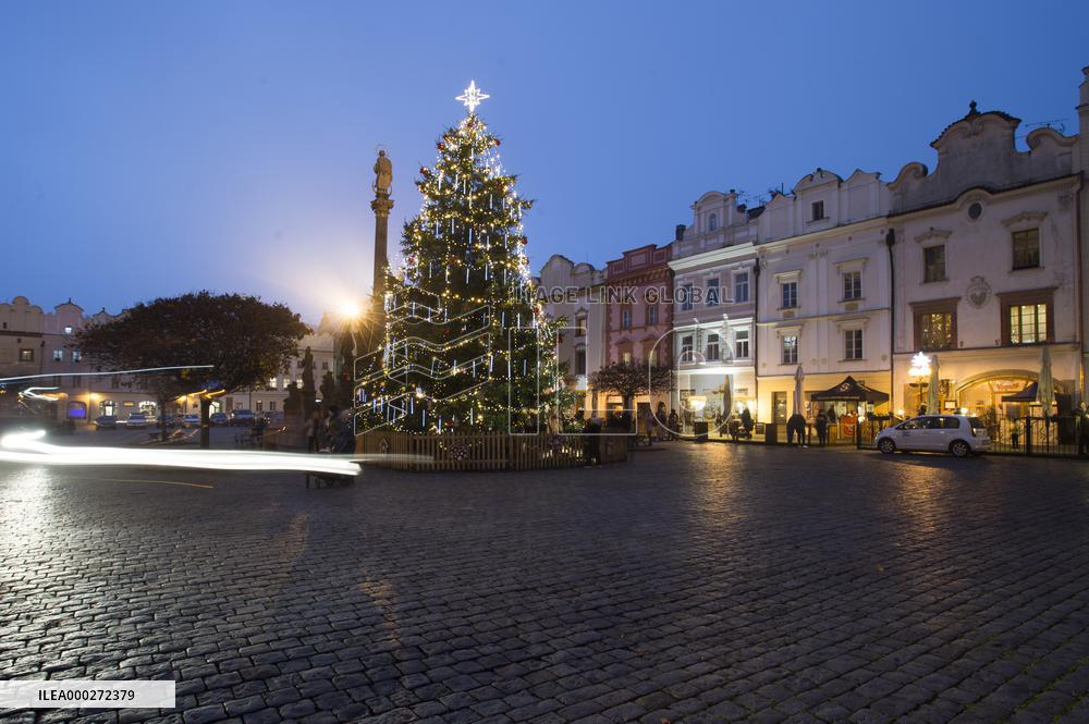 Lit Christmas tree,  Pernstynske square, Pardubice