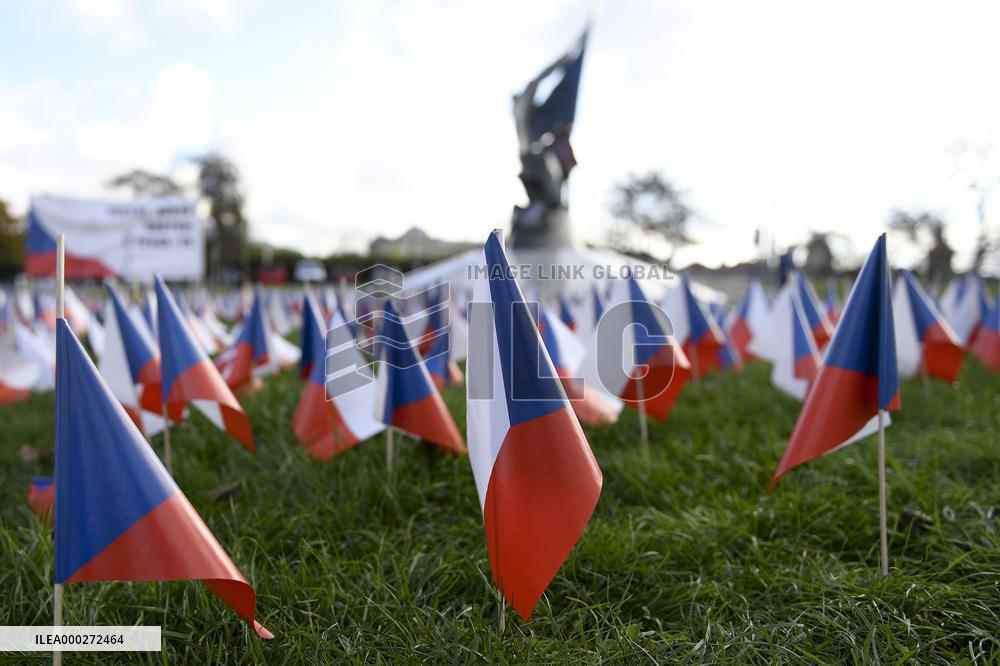 a symbolic place of reverence for the victims of the covid-19 disease, Czech flags flag