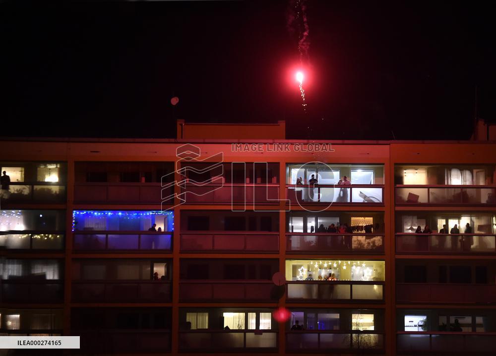 New Year's Eve celebration in the panel housing estate Jizni Mesto (South Town) in Prague