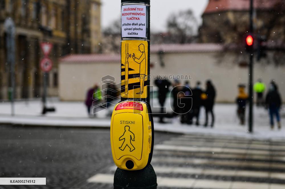 contactless pedestrian sensor at the pedestrian crossing due against COVID-19