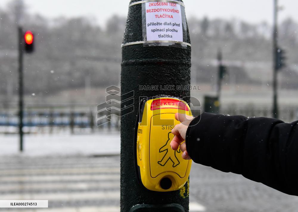 contactless pedestrian sensor at the pedestrian crossing due against COVID-19