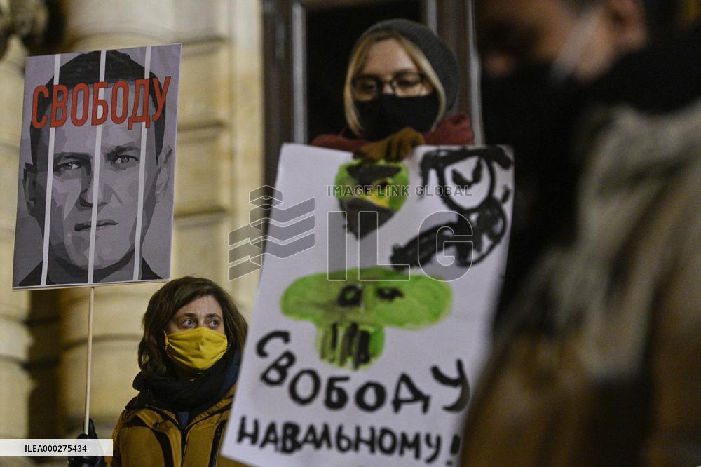 Demonstration, protest, people, release Navalny, support, Prague, slogan  Freedom for Navalny