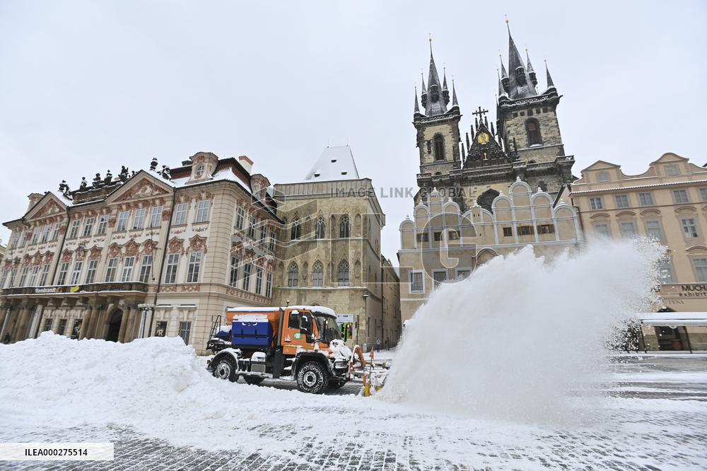 Old Town Square in Prague, snow, snowplow