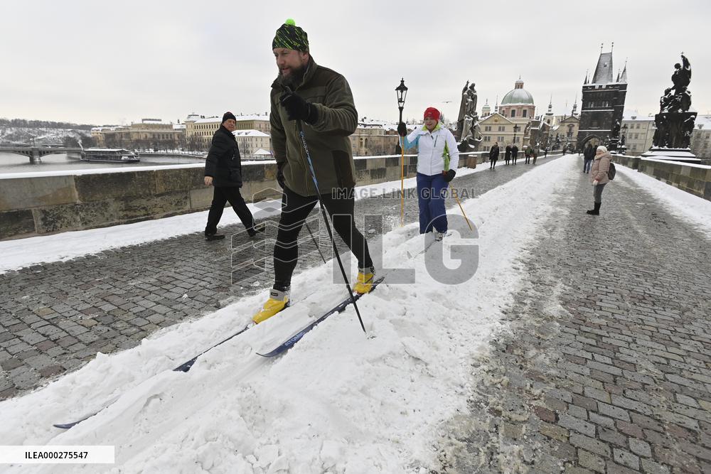snowy Charles Bridge in Prague