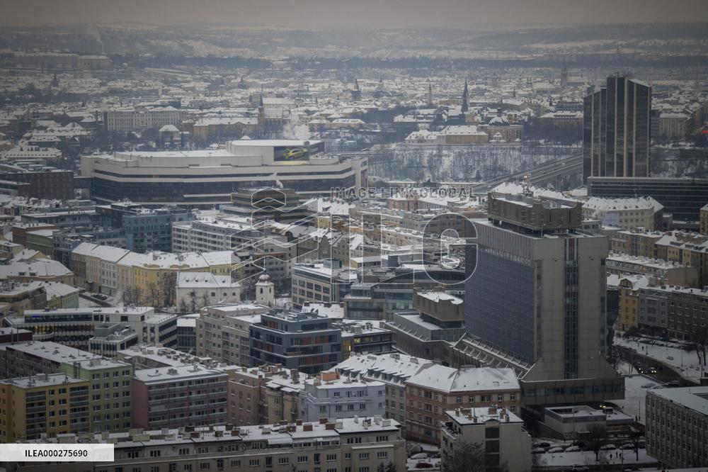Prague panorama, Ministry of  Internal Affairs and Administration, Congress hall, snow.