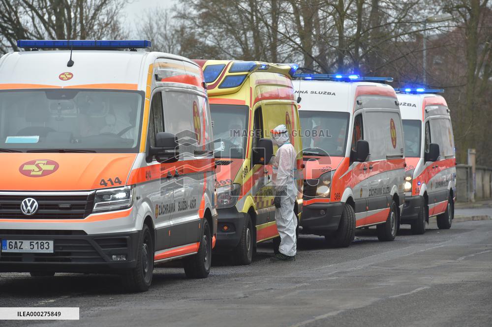 Atego car, named PHOENIX covid positive patients , transport, Cheb hospital, overloaded