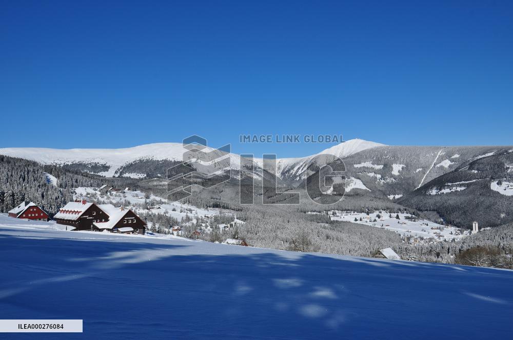 View of Snezka above the town of Pec pod Snezkou, Krkonose, mountains