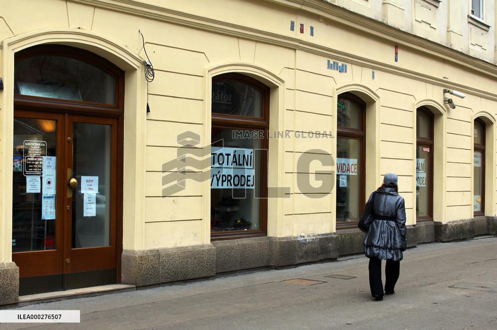Closed shops in city center of Prague, bankruptcy crisis