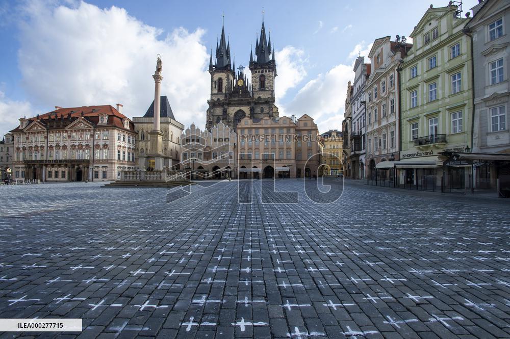 Old Town Square, Prague, memorial, little white cross, victims, coronavirus, covid-19