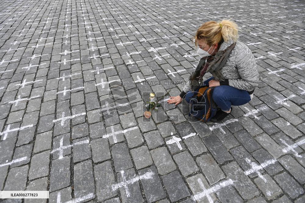 Old Town Square, Prague, memorial, little white cross, victims, coronavirus, covid-19