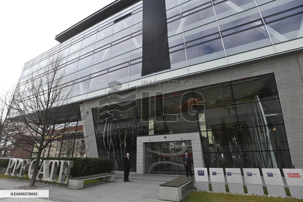 building of PPF Gate in Prague, black flag