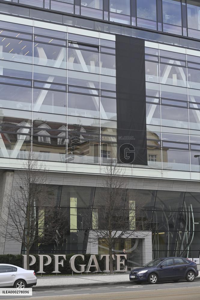building of PPF Gate in Prague, black flag