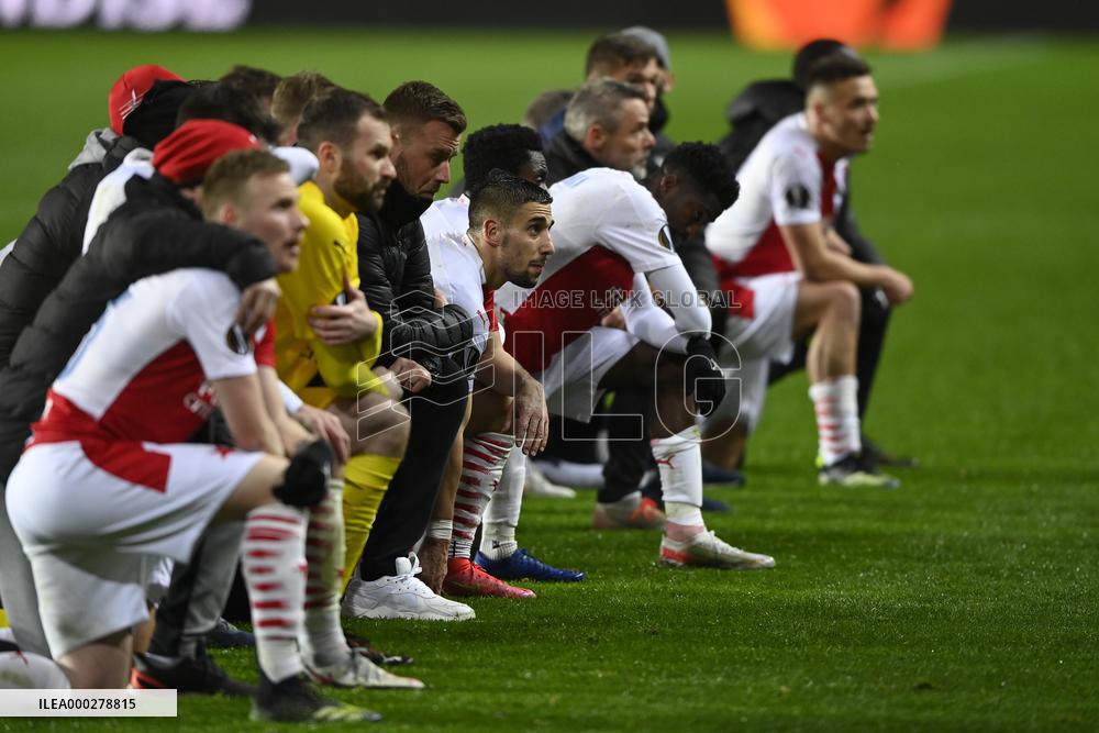 Soccer players of SK Slavia Prague after the match vs Arsenal