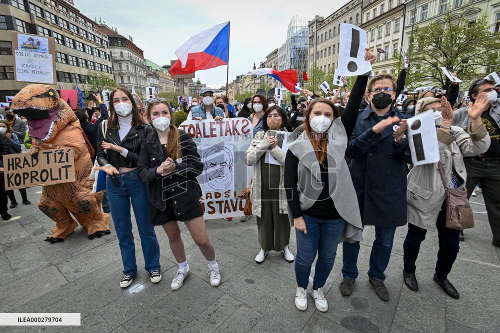 People, demonstrations against pro-Russian stances of President Milos Zeman, Andrej Babis, PM, flag