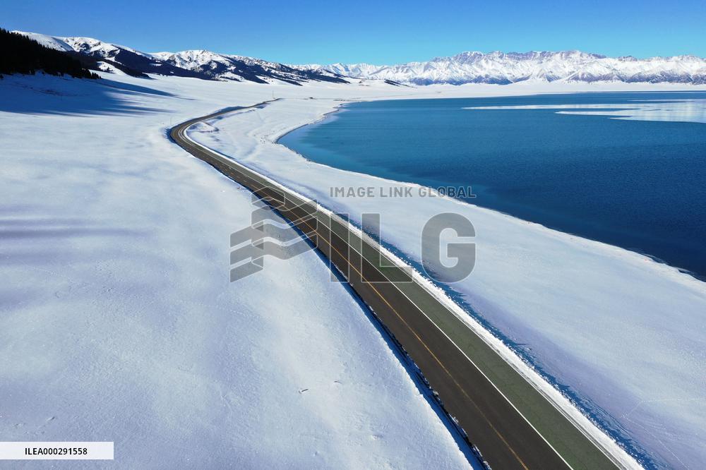 Aerial View The Fozen Selimu Lake