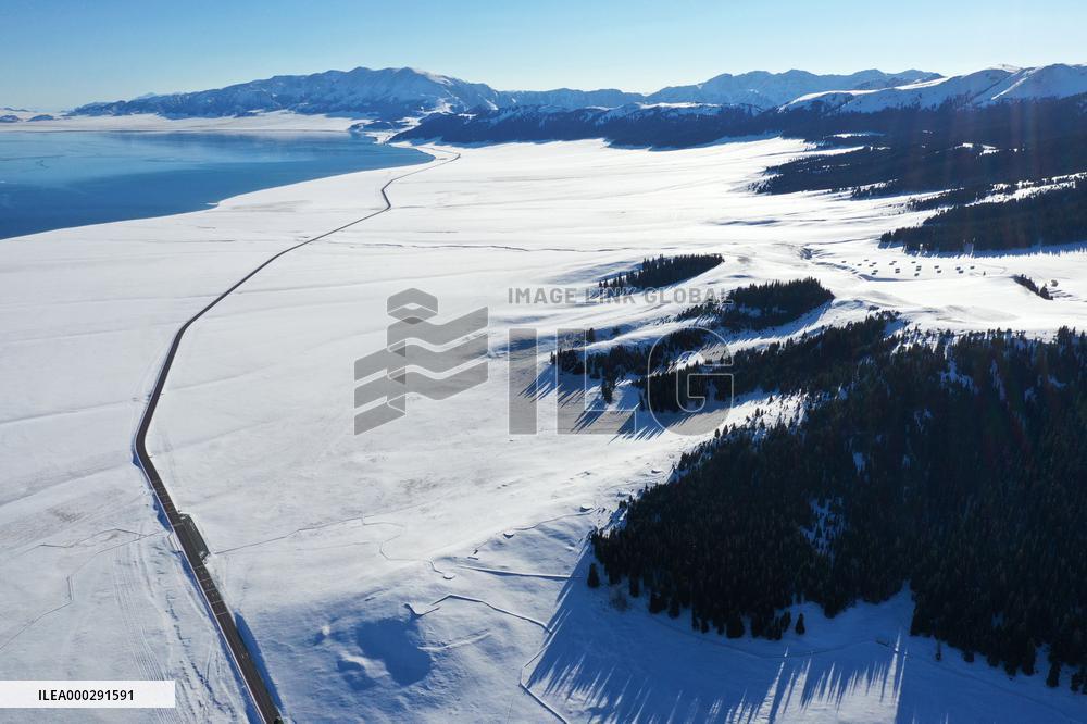 Aerial View The Fozen Selimu Lake