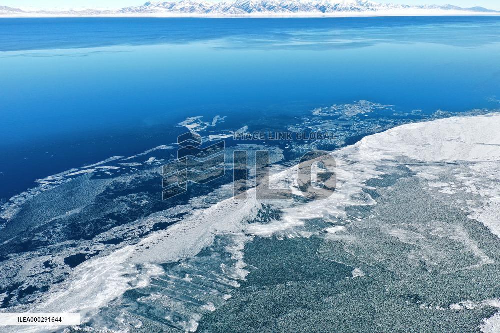 Aerial View The Fozen Selimu Lake