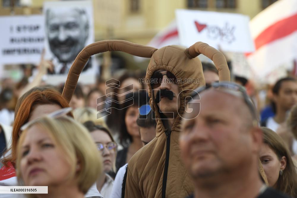 Crowds in Prague, express solidarity with Belarusian protest, people, rally, banners