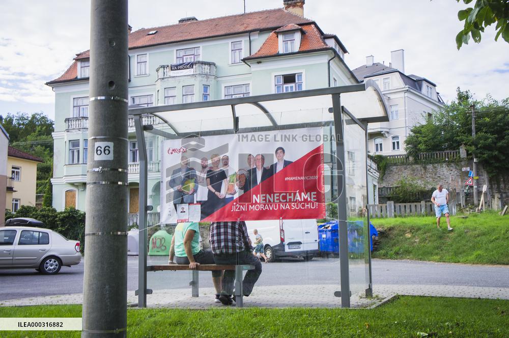 Czech communists (KSCM) poster for regional elections on a bus stop in Vranov nad Dyji
