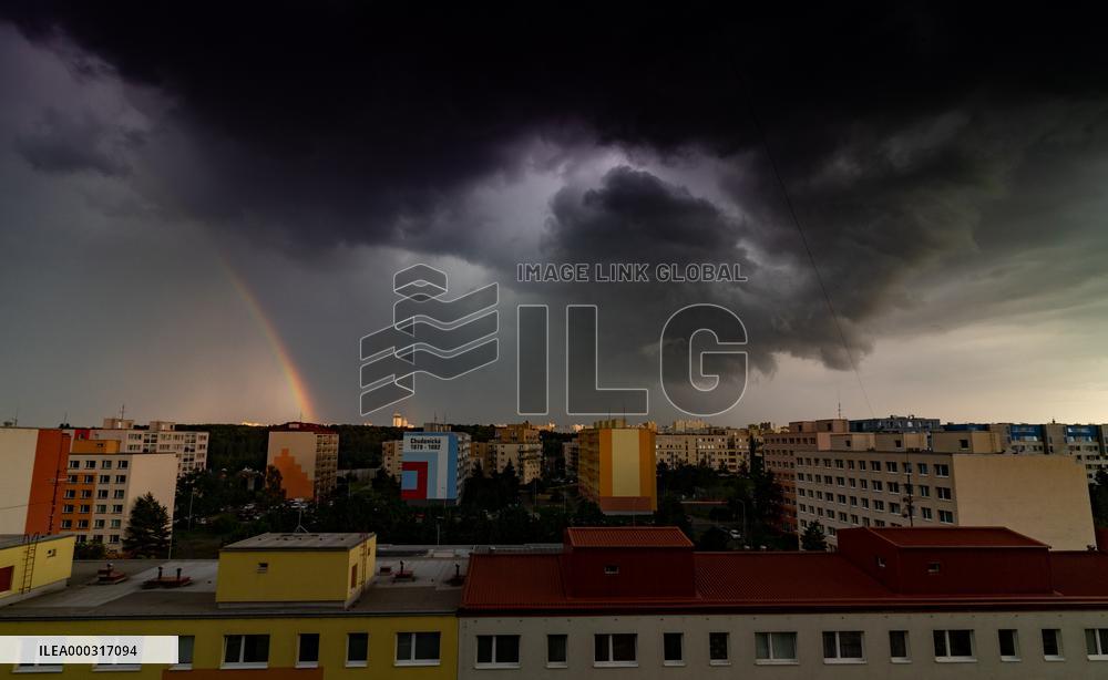 storm, lightning, rainbow, block of flats