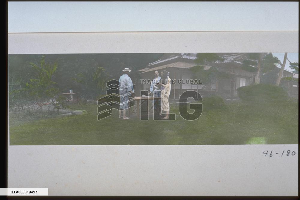 Foreigners in a garden of an inn