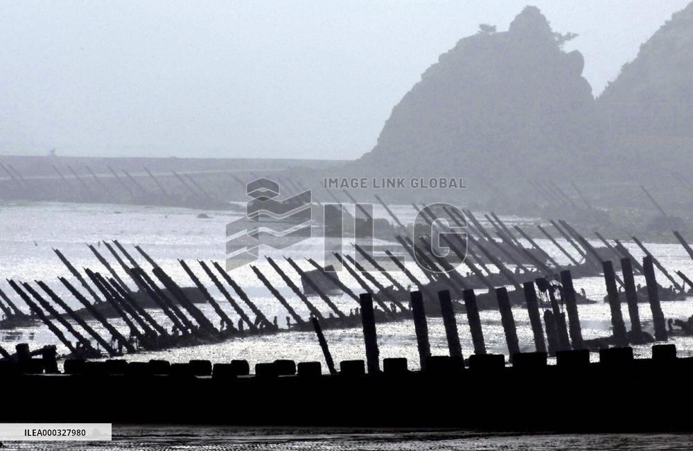 Barricades on beach of Yeonpyeong island