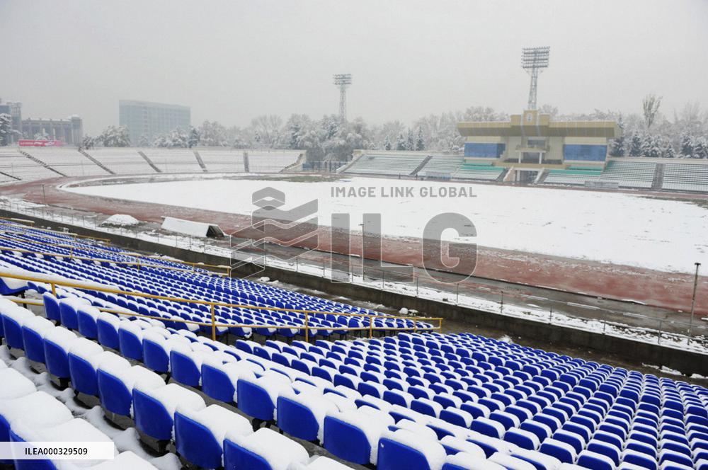 Dushanbe Central Stadium covered with snow