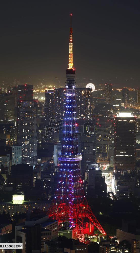 Tokyo Tower lit up in Japanese national soccer team's color