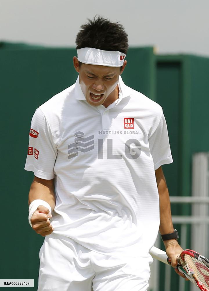 Japan's Nishikori in action at Wimbledon