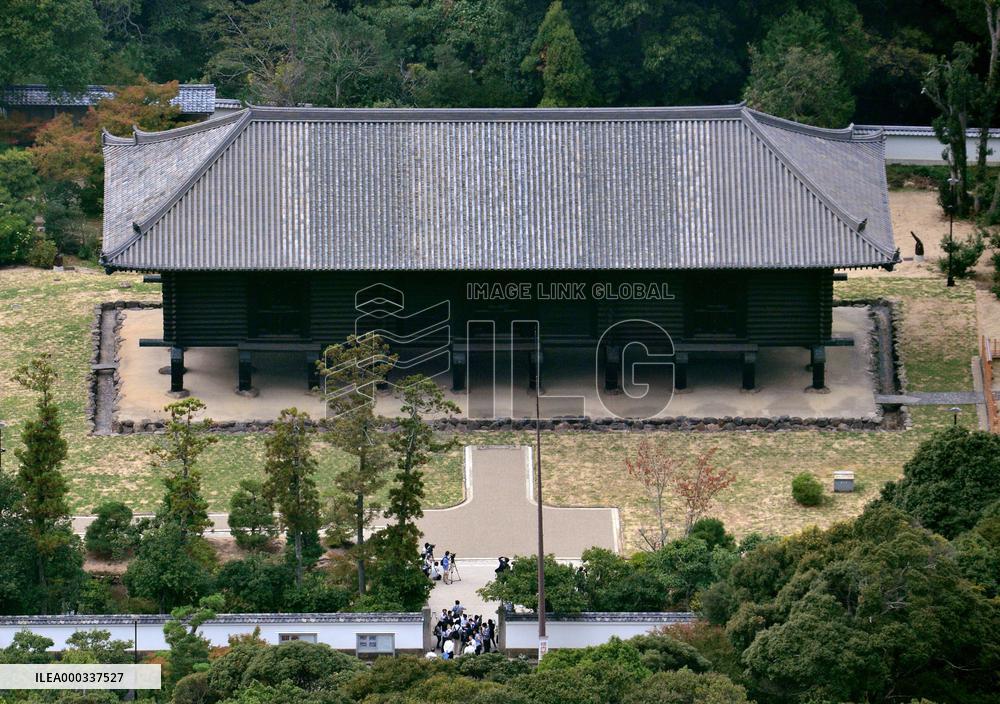 Whole view of repaired Shosoin treasure house in Nara