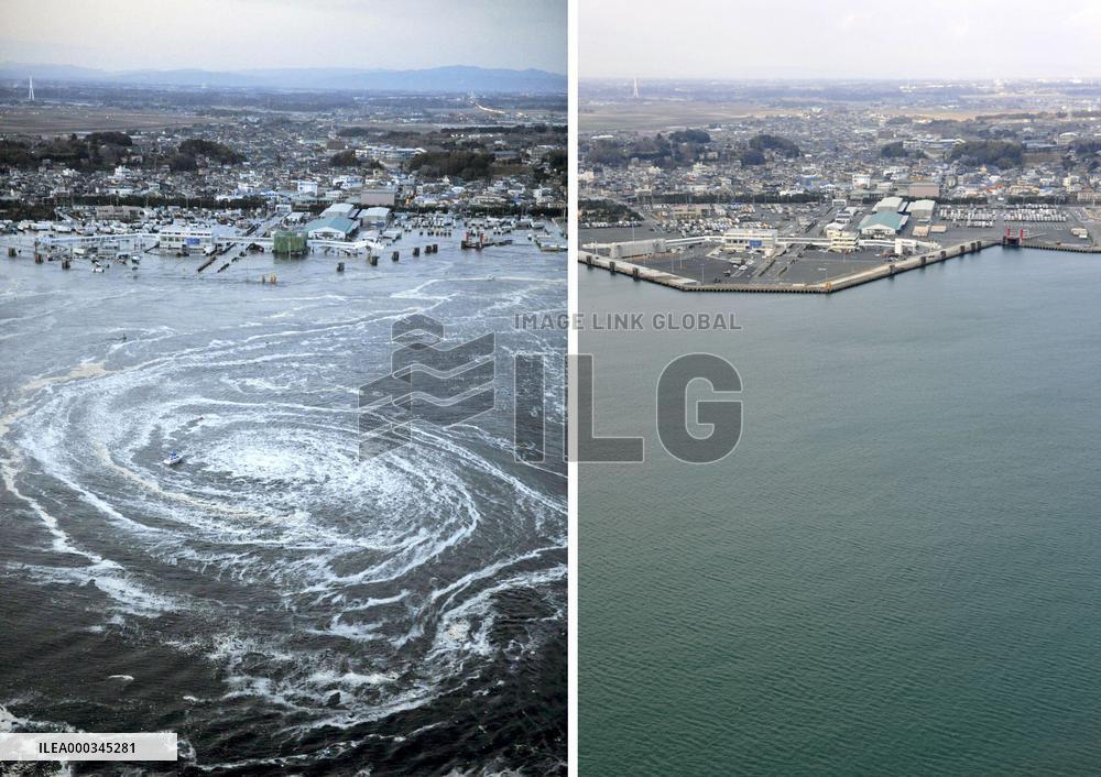 Oarai port soon after quake, now