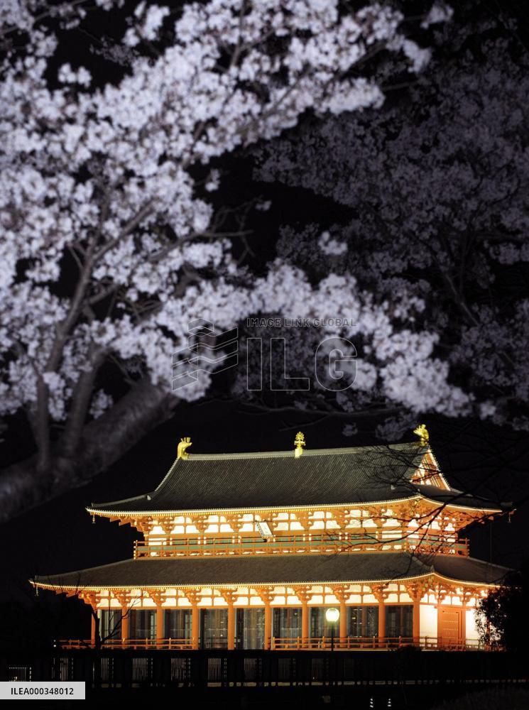 Daigokuden building lit up at ruins of Nara Imperial Palace