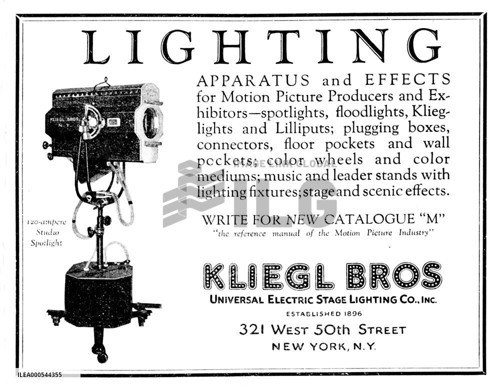 ADVERTISEMENT FOR KLIEGL STUDIO LIGHTS   1925 Many books abo