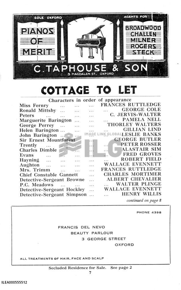 COTTAGE TO LET  THEATRE PROGRAMME, New Theatre, Oxford