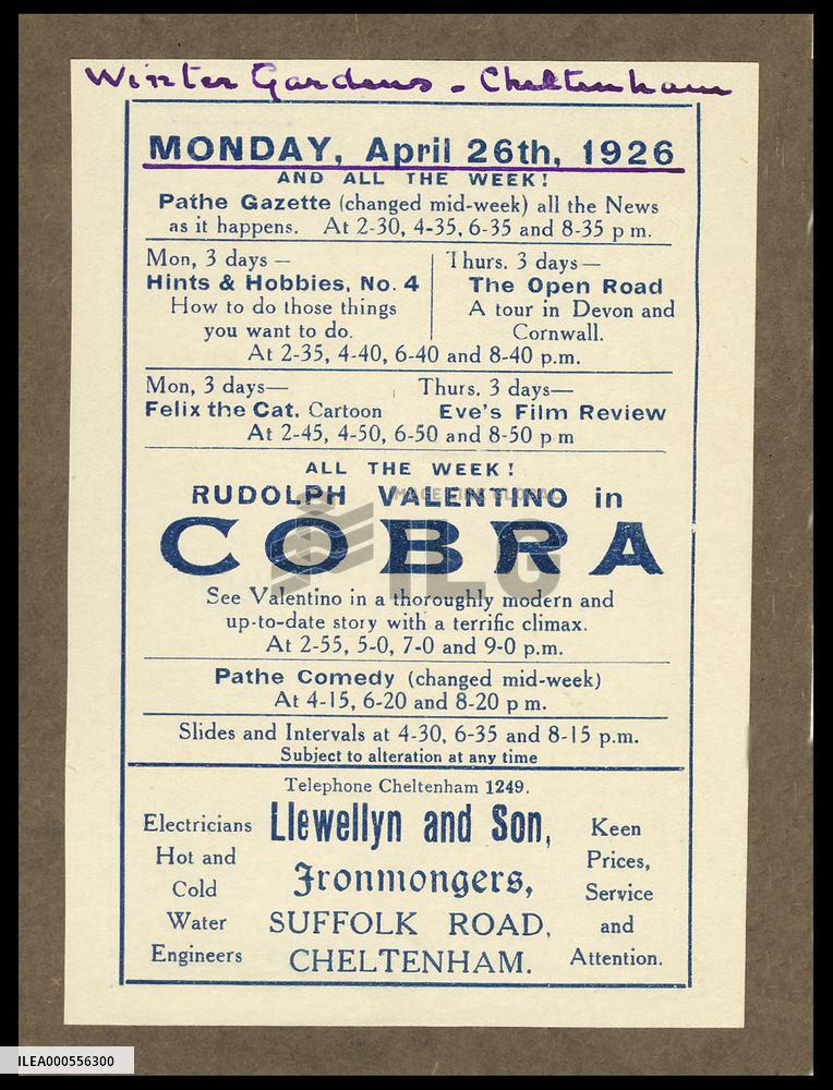 PAGE OF A PROGRAMME FOR A SHOWING OF COBRA, showing the supp